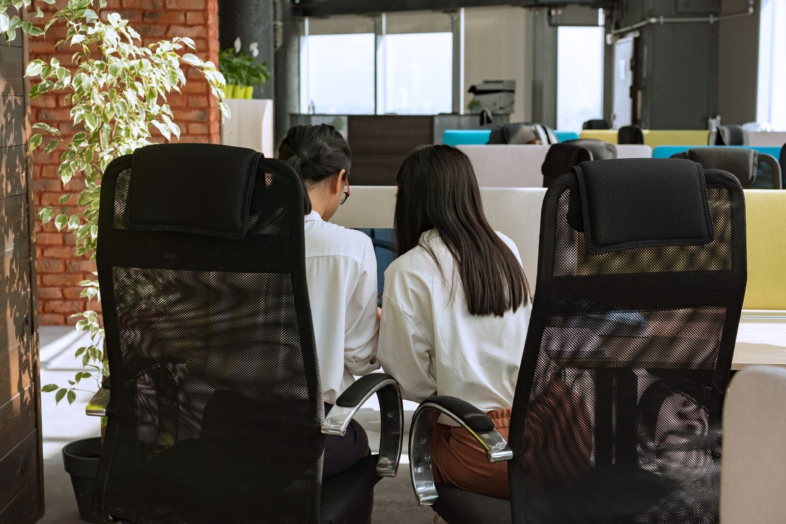Two women collaborating on a project in a modern office setting.