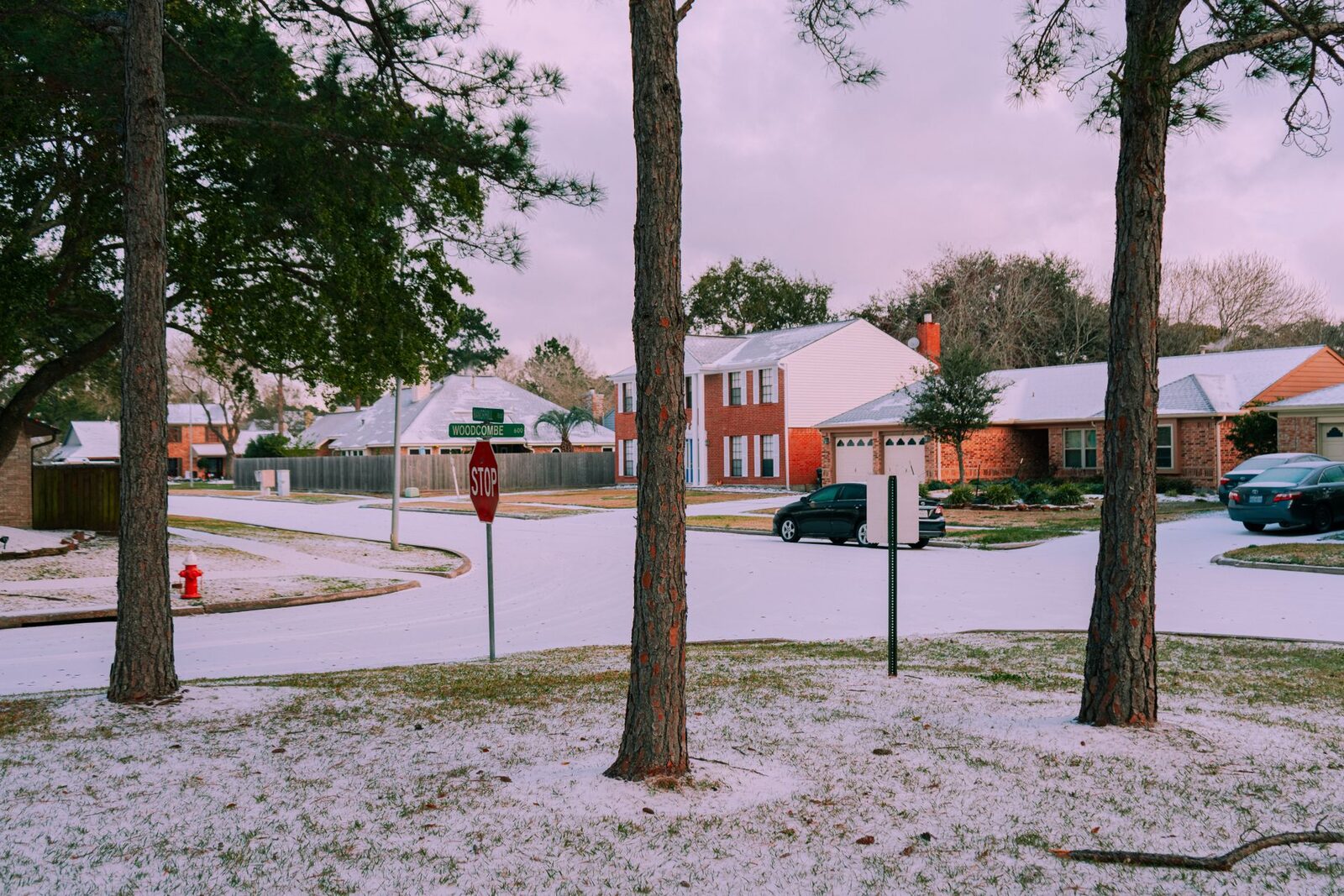A serene suburban street covered in snow, featuring houses and trees on a winter day.